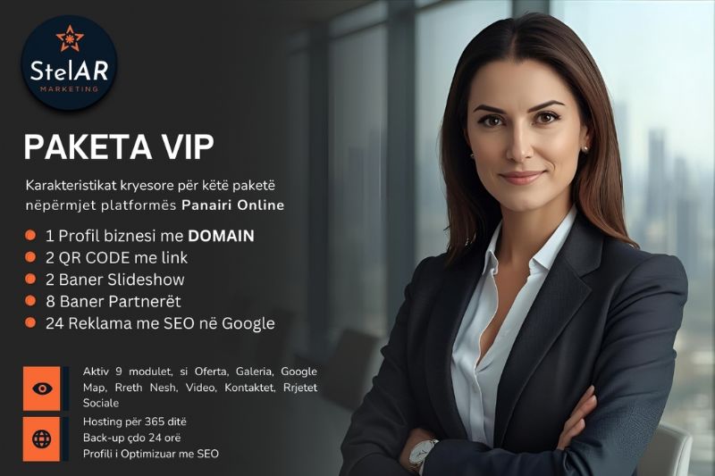 Paketa VIP me 24 reklama dhe Profil biznesi me domain në platformën Panairi Online me SEO ne Google, Dyqan per shitje online, profil biznesi Panairi Online, regjistrim biznesi Panairi Online, menaxhim i biznesit online